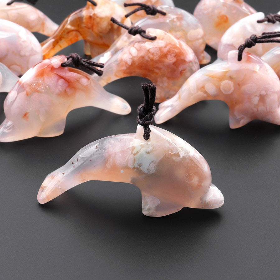 AAA Natural Cherry Blossom Agate Dolphin Gemstone Pendant Aka Flower Agate