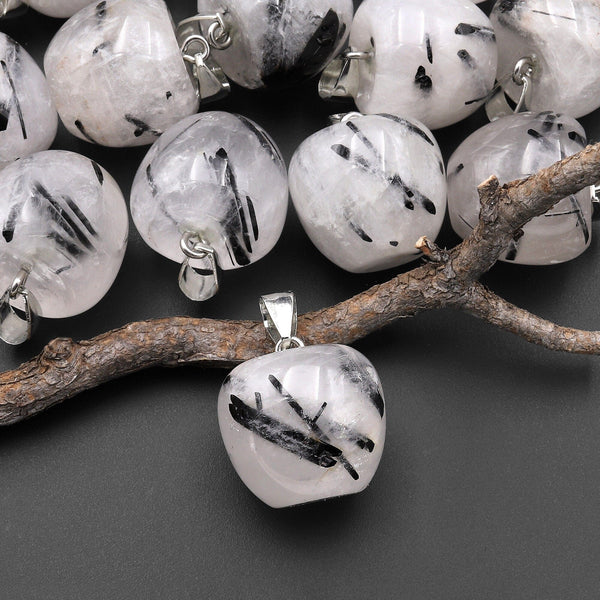 Natural Black Tourmaline Rutilated Quartz Apple Pendant Gemstone Crystal Focal Bead A2