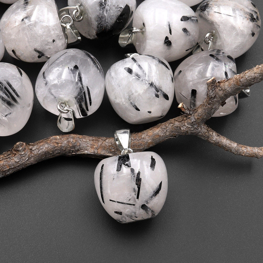 Natural Black Tourmaline Rutilated Quartz Apple Pendant Gemstone Crystal Focal Bead A3