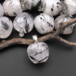 AAA Natural Black Tourmaline Rutilated Quartz Apple Pendant Gemstone Crystal Focal Bead