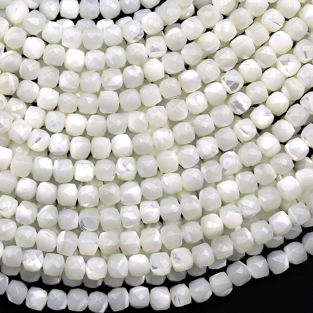 Natural Faceted White Mother of Pearl Shell Cube Beads 4mm 15.5" Strand