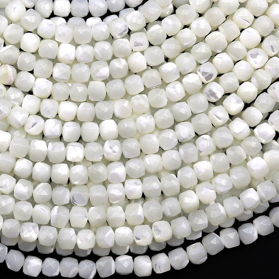 Natural Faceted White Mother of Pearl Shell Cube Beads 4mm 15.5" Strand