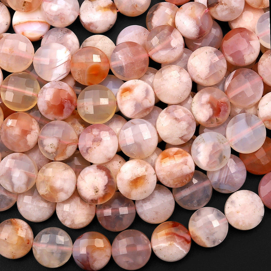 Faceted Natural Cherry Blossom Agate Coin Beads 10mm 15.5" Strand