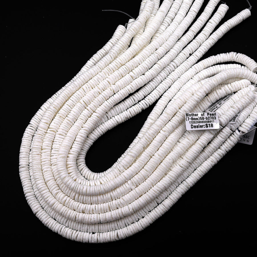 Natural White Mother of Pearl 6mm 7mm 8mm Thin Heishi Rondelle Beads 15.5" Strand