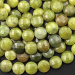 Faceted Natural Olive Jade 10mm Coin Beads 15.5" Strand