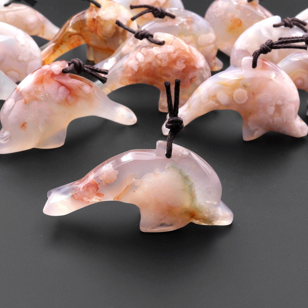 AAA Natural Cherry Blossom Agate Dolphin Gemstone Pendant Aka Flower Agate A3