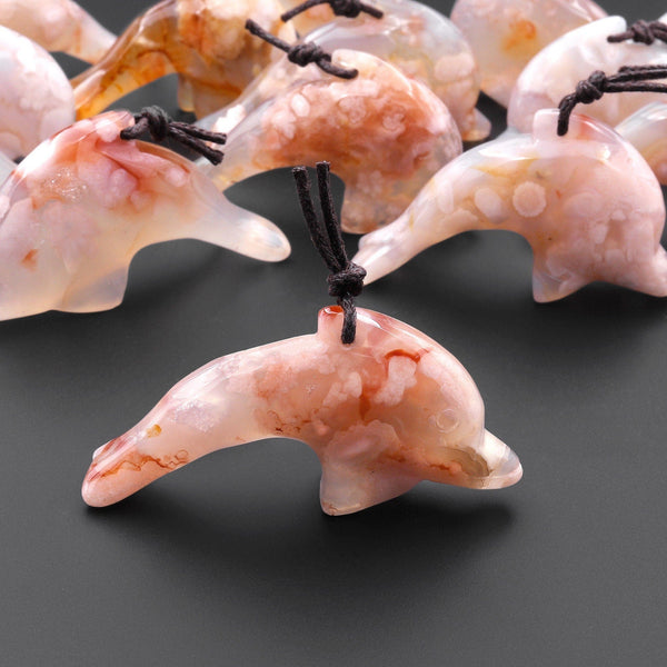 AAA Natural Cherry Blossom Agate Dolphin Gemstone Pendant Aka Flower Agate A7