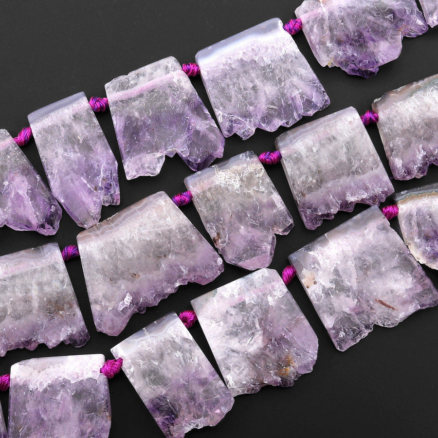 Natural Purple Amethyst Stalactite Slice Pendant Beads Side Drilled Rectangle Gemstone 15.5" Strand