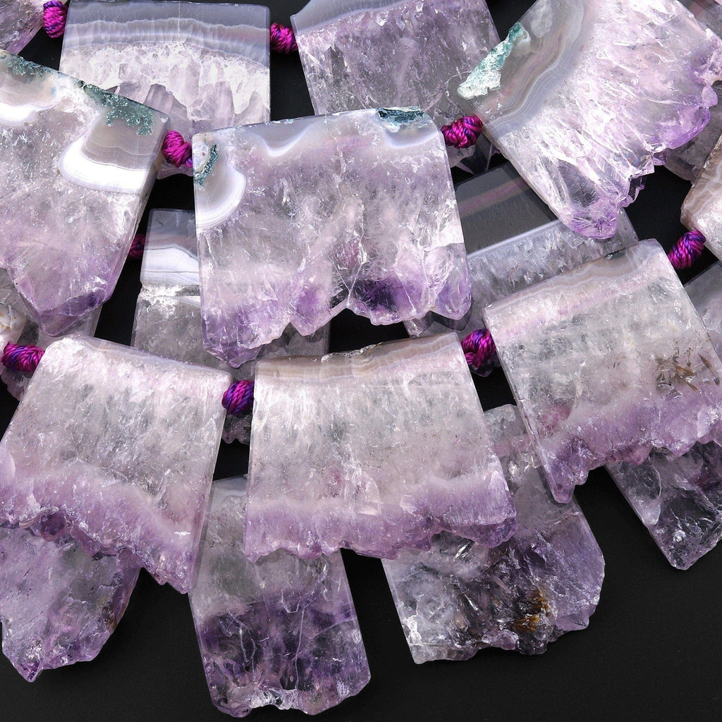 Natural Purple Amethyst Stalactite Slice Pendant Beads Side Drilled Rectangle Gemstone 15.5" Strand