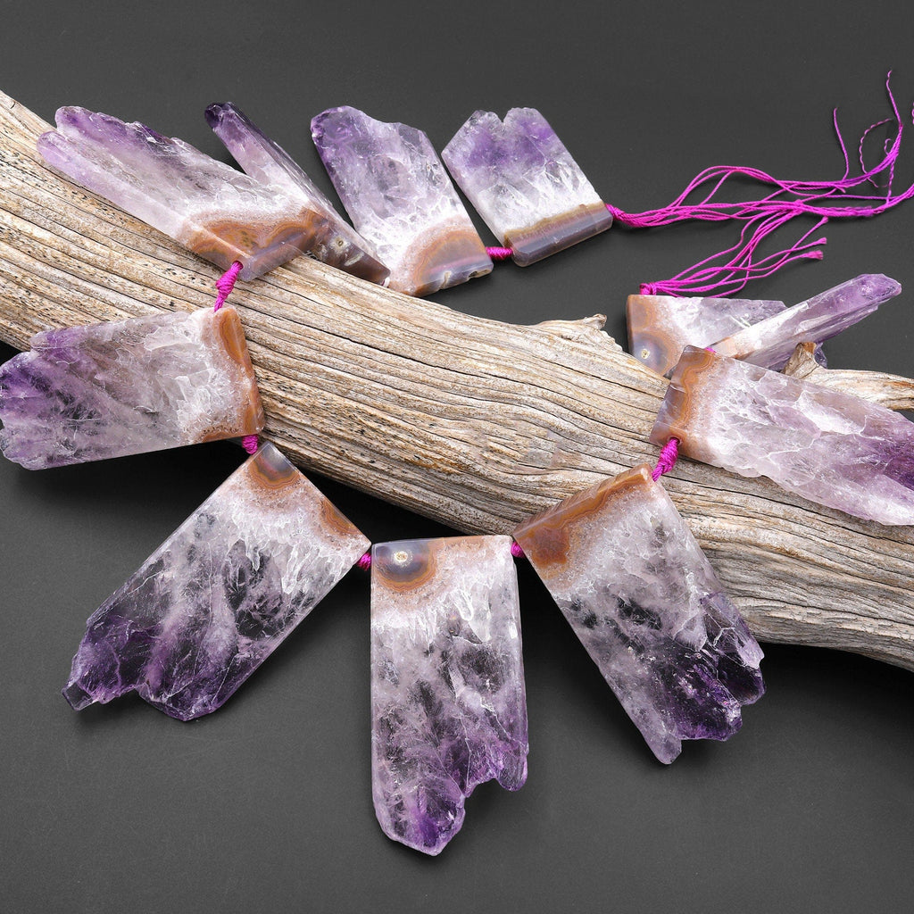 Natural Purple Amethyst Stalactite Slice Pendant Beads Side Drilled Rectangle Gemstone A0866 15.5" Strand