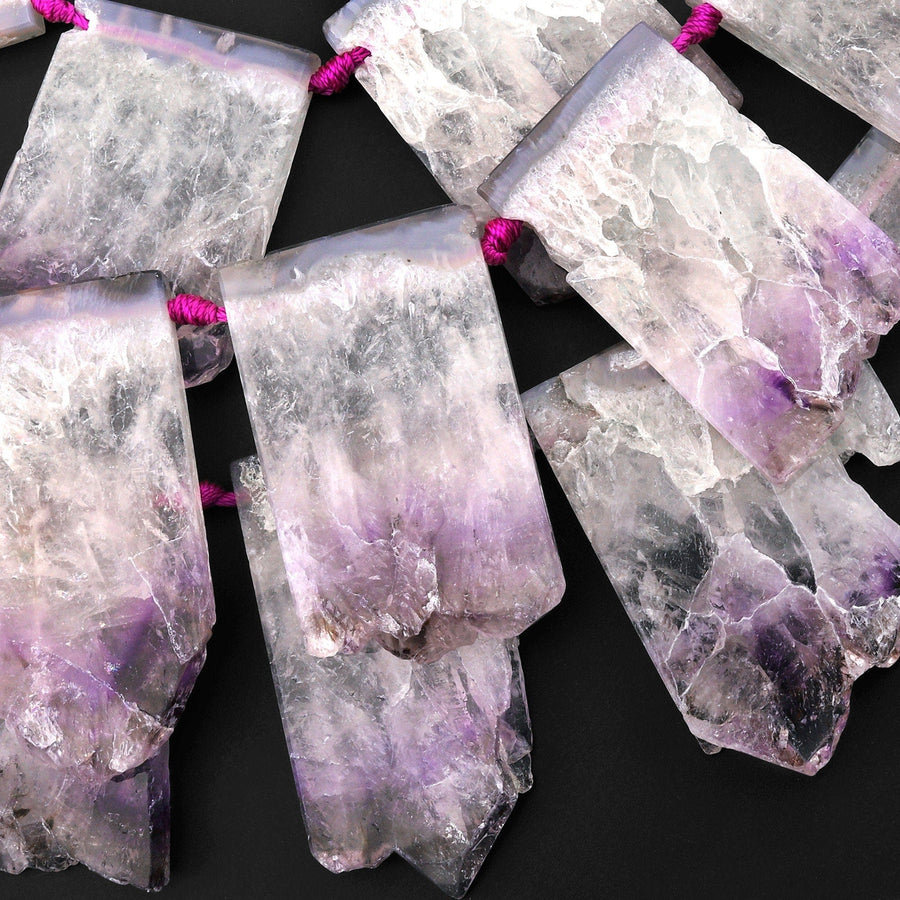 Natural Purple Amethyst Stalactite Slice Pendant Beads Side Drilled Rectangle Gemstone 15.5" Strand