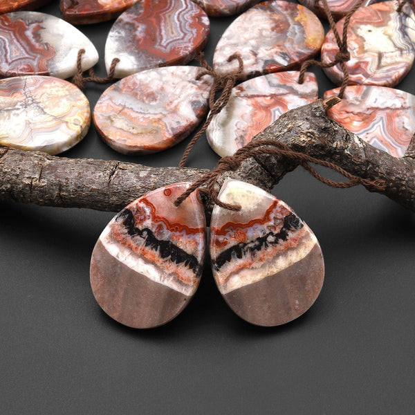 Natural Laguna Lace Agate Flat Teardrop Earring Drilled Matched Gemstone Bead Pair A6