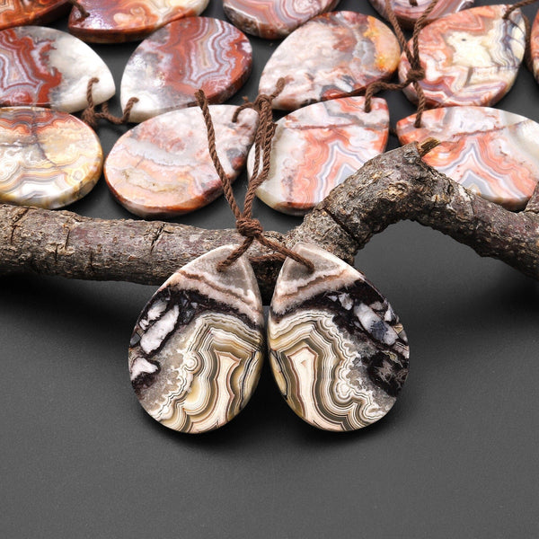 Natural Laguna Lace Agate Flat Teardrop Earring Drilled Matched Gemstone Bead Pair A8
