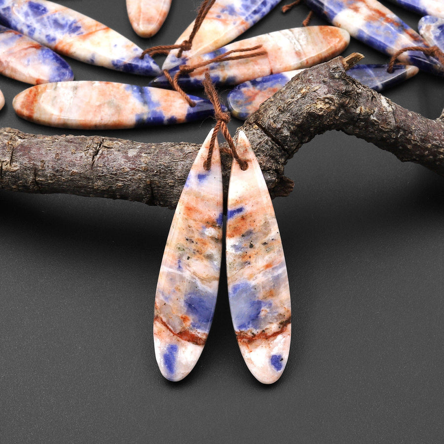 Natural Orange Sodalite Long Slender Teardrop Earring Pair Matched Gemstone Beads