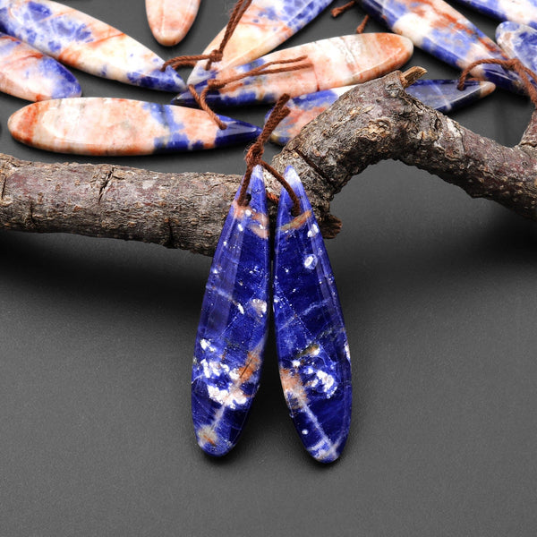 Natural Orange Sodalite Long Slender Teardrop Earring Pair Matched Gemstone Beads A7