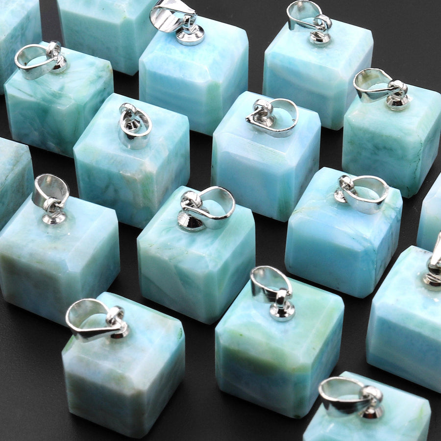 Natural Blue Larimar Faceted Cube Dice Pendant 8mm 10mm 12mm 13mm Gemstone