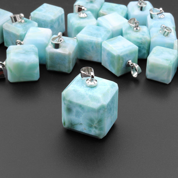 Natural Blue Larimar Faceted Cube Dice Pendant 16mm Gemstone A2