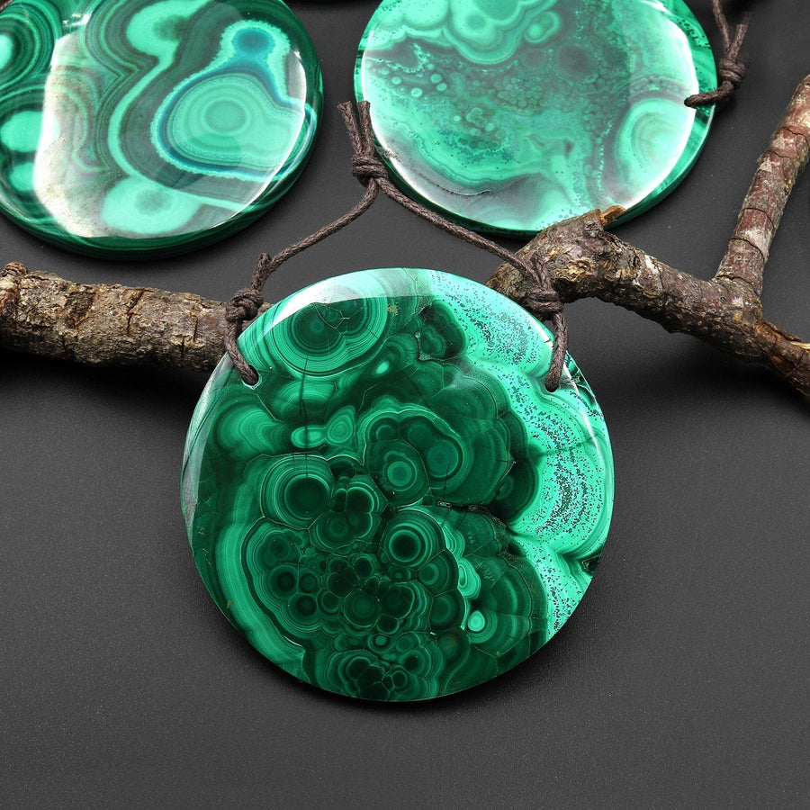 AAA+ 2 Hole Large Natural Green Malachite Pendant Circle Round Gemstone Bead