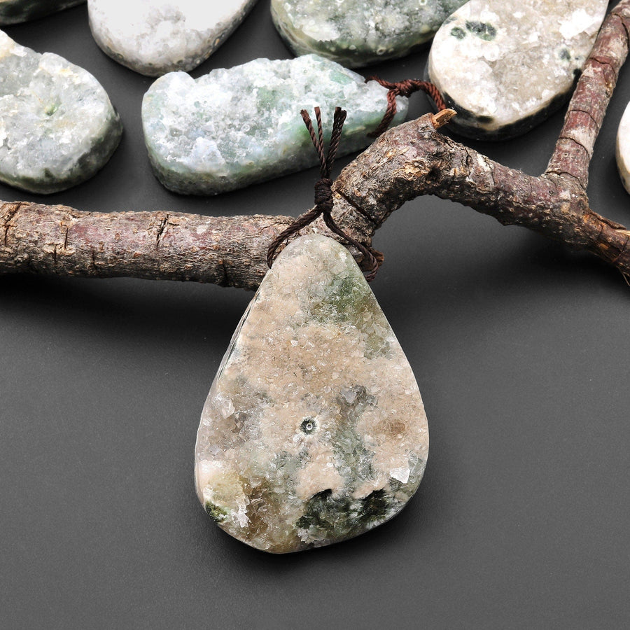 Natural Ocean Jasper Druzy Pendant Freeform Teardrop Shape Gemstone