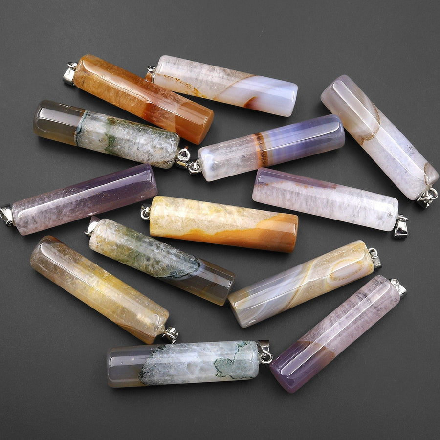 Natural Brazilian Phantom Quartz Long Cylinder Pendant Natural Purple Green Golden Brown Yellow Crystal Focal Bead