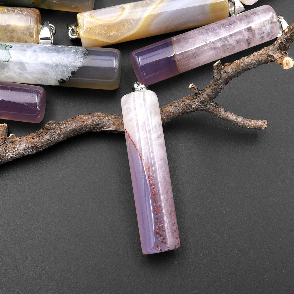 Natural Brazilian Purple Phantom Quartz Long Cylinder Pendant Natural Crystal Focal Bead A2