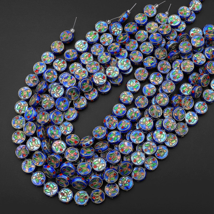 Hand Made Blue Cloisonné Coin Disc Beads 14mm Decorative Floral Enamel Vintage Look 15.5" Strand