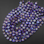 Hand Made Royal Blue Cloisonné Coin Disc Beads 11mm 14mm Decorative Floral Enamel Vintage Look 15.5" Strand