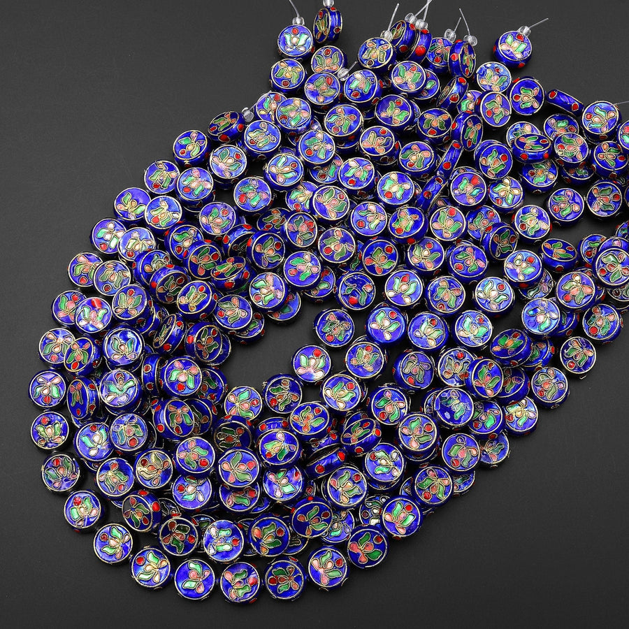 Hand Made Royal Blue Cloisonné Coin Disc Beads 11mm 14mm Decorative Floral Enamel Vintage Look 15.5" Strand