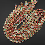 Vibrant Golden Peach Red Cloisonné Coin Disc Beads 14mm Decorative Floral Enamel Vintage Look 15.5" Strand