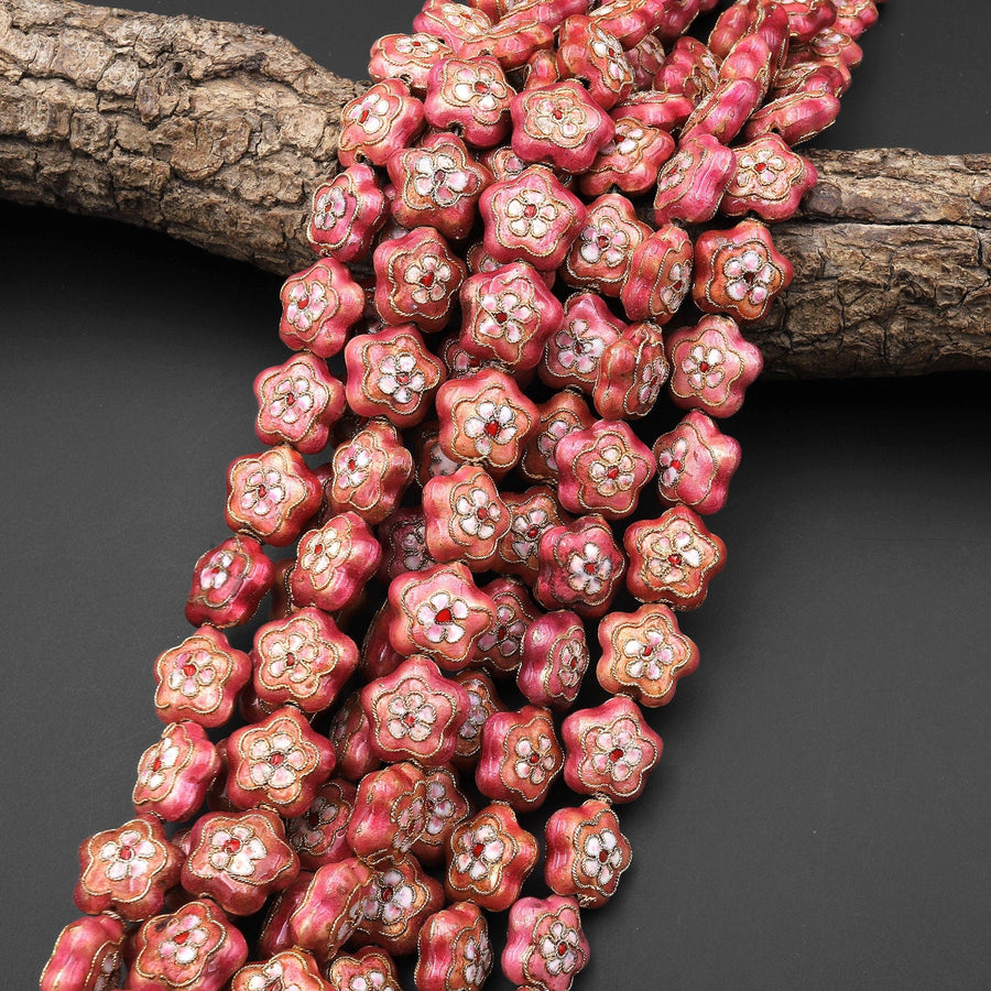 Hand Made Golden Pink Cherry Blossom Cloisonné Diamond Beads 16mm Decorative Floral Copper Enamel 15.5" Strand