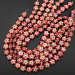 Hand Made Golden Pink Cherry Blossom Cloisonné Diamond Beads 16mm Decorative Floral Copper Enamel 15.5" Strand