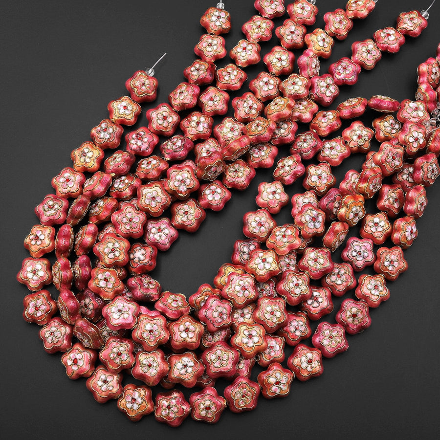 Hand Made Golden Pink Cherry Blossom Cloisonné Diamond Beads 16mm Decorative Floral Copper Enamel 15.5" Strand