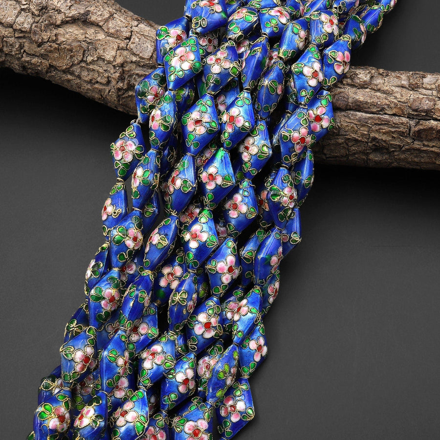 Hand Made Cobalt Blue Pink Green Cloisonné Diamond Bead 20mm Decorative Floral 15.5" Strand