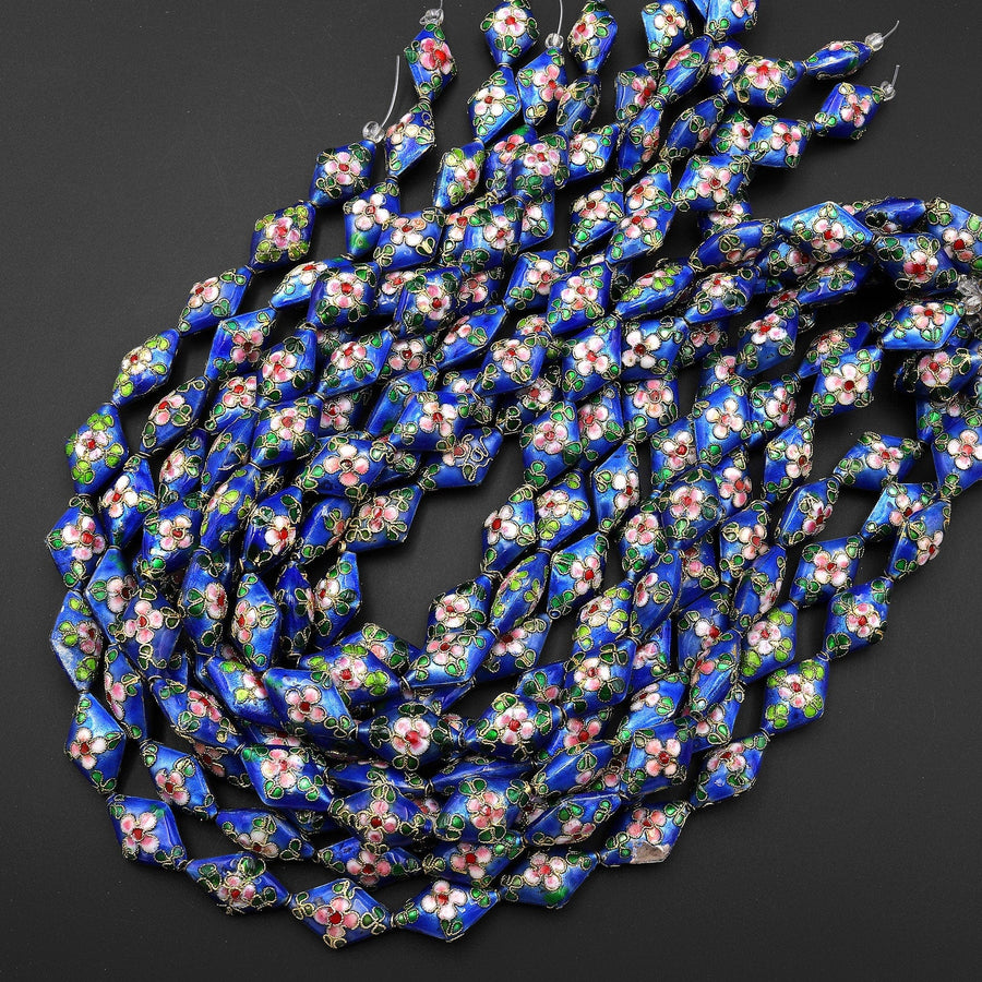 Hand Made Cobalt Blue Pink Green Cloisonné Diamond Bead 20mm Decorative Floral 15.5" Strand