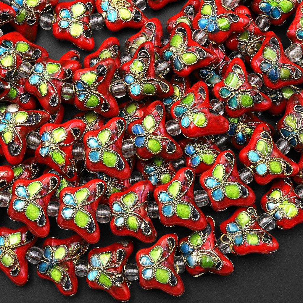 Hand Made Gold Red Green Butterfly Cloisonné Beads Decorative Enamel 15.5" Strand