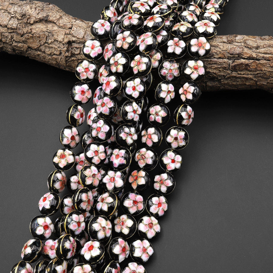 Black Pink Cloisonné Cherry Blossom Flower Coin Beads 13mm Decorative Floral Enamel 15.5" Strand