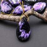 Natural Purple Charoite Black Aegirine Pendant Side Drilled Teardrop Genuine Gemstone From Russia