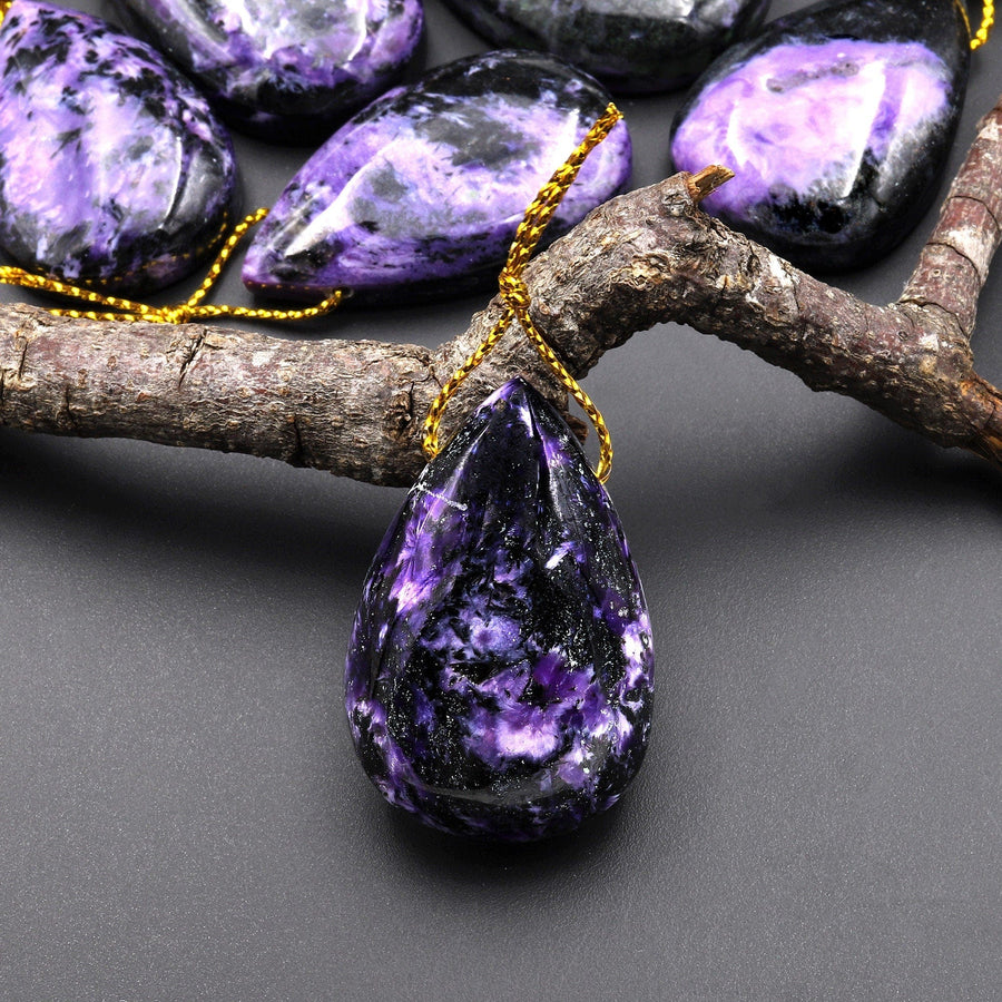 Natural Purple Charoite Black Aegirine Pendant Side Drilled Teardrop Genuine Gemstone From Russia