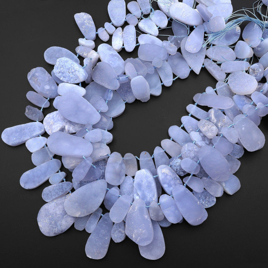 Rare Natural Blue Chalcedony Druzy Drusy Beads Hand Cut Freeform Teardrop Side Drilled Gemstone Crystal Beads 15.5" Strand