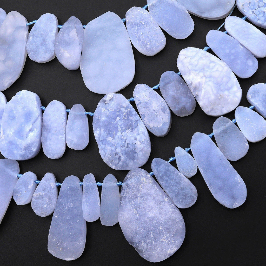 Rare Natural Blue Chalcedony Druzy Drusy Beads Hand Cut Freeform Teardrop Side Drilled Gemstone Crystal Beads 15.5" Strand