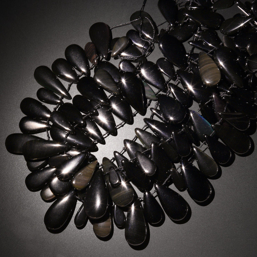 Natural Black Rainbow Obsidian Teardrop Focal Pendant Beads Gemstone 15.5" Strand