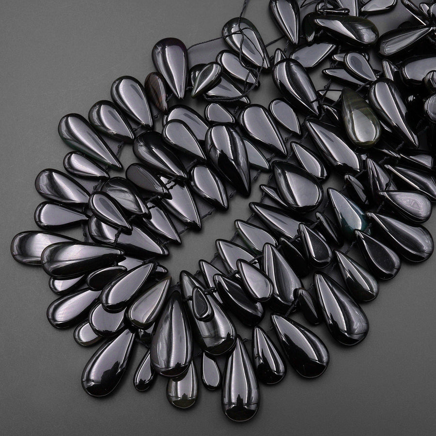 Natural Black Rainbow Obsidian Teardrop Focal Pendant Beads Gemstone 15.5" Strand