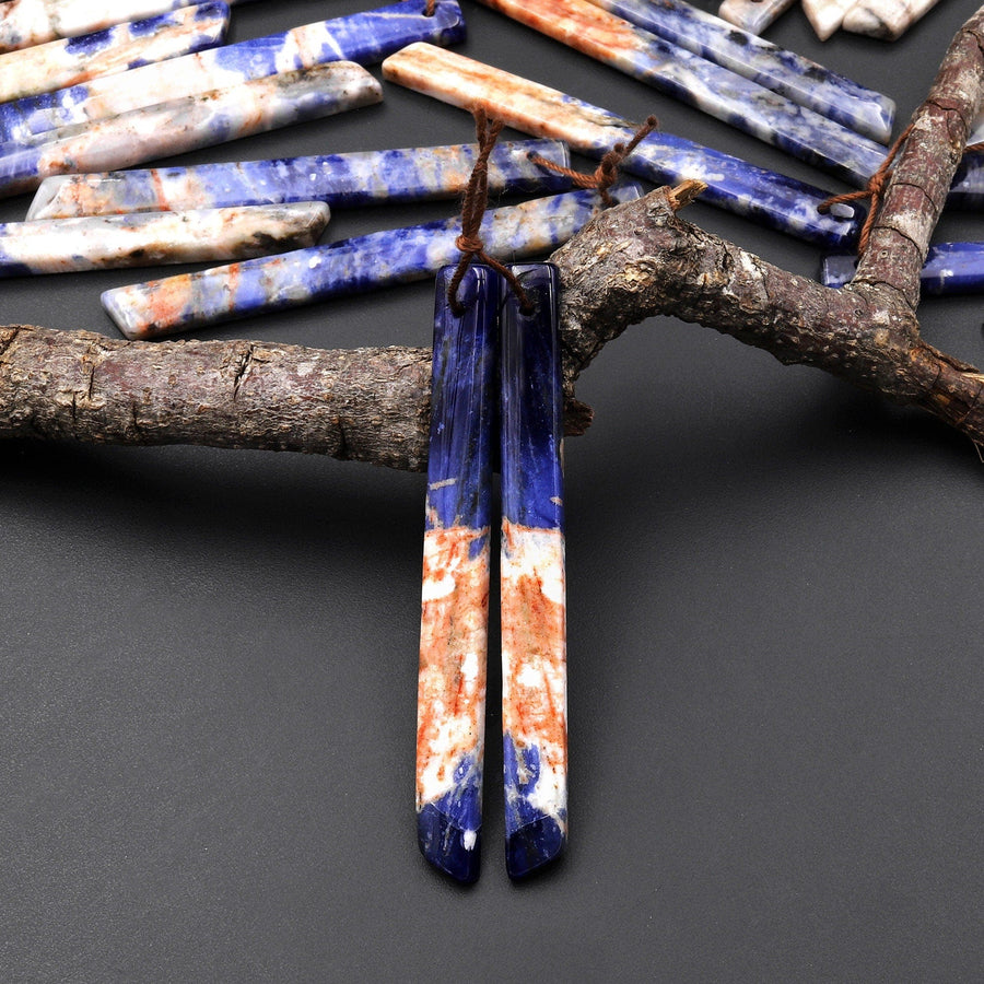 Natural Orange Sodalite Long Slender Beveled Rectangle Earring Pair Matched Gemstone Beads