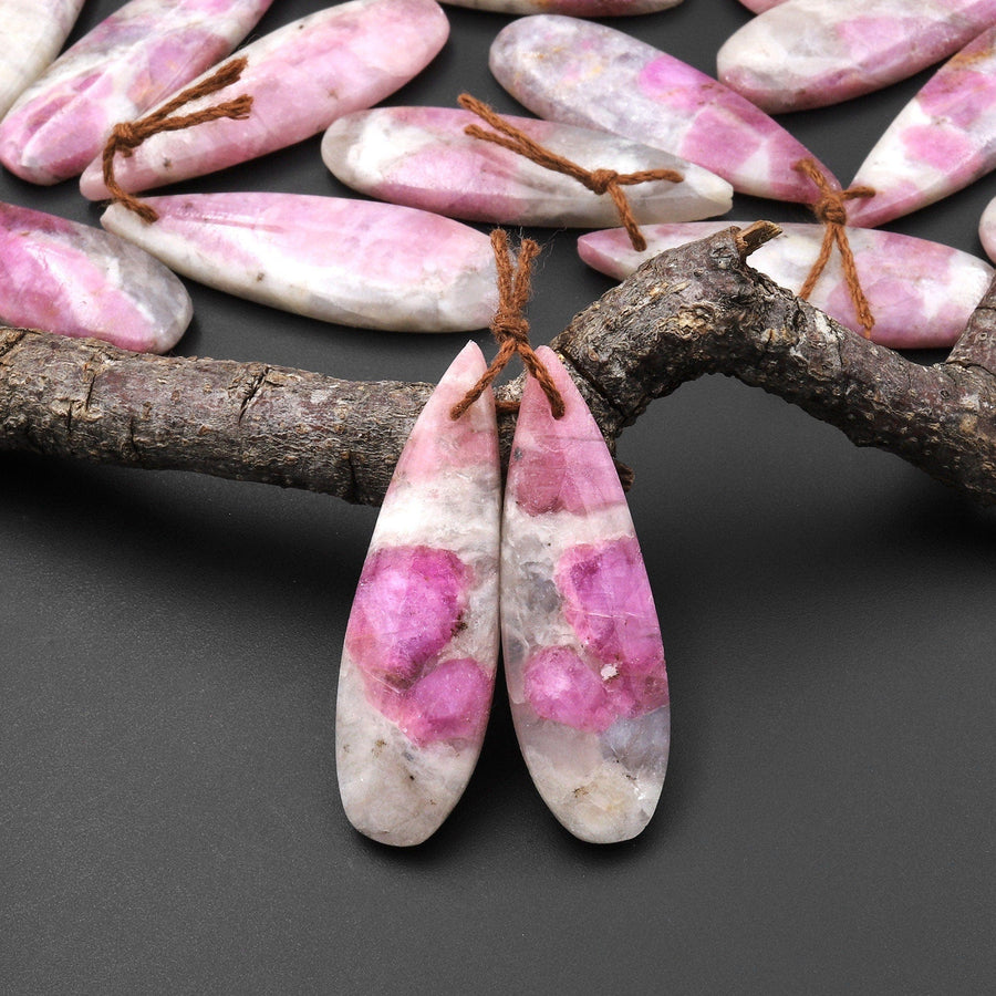 Natural Pink Tourmaline in Quartz Teardrop Drilled Matched Gemstone Earring Bead Pair