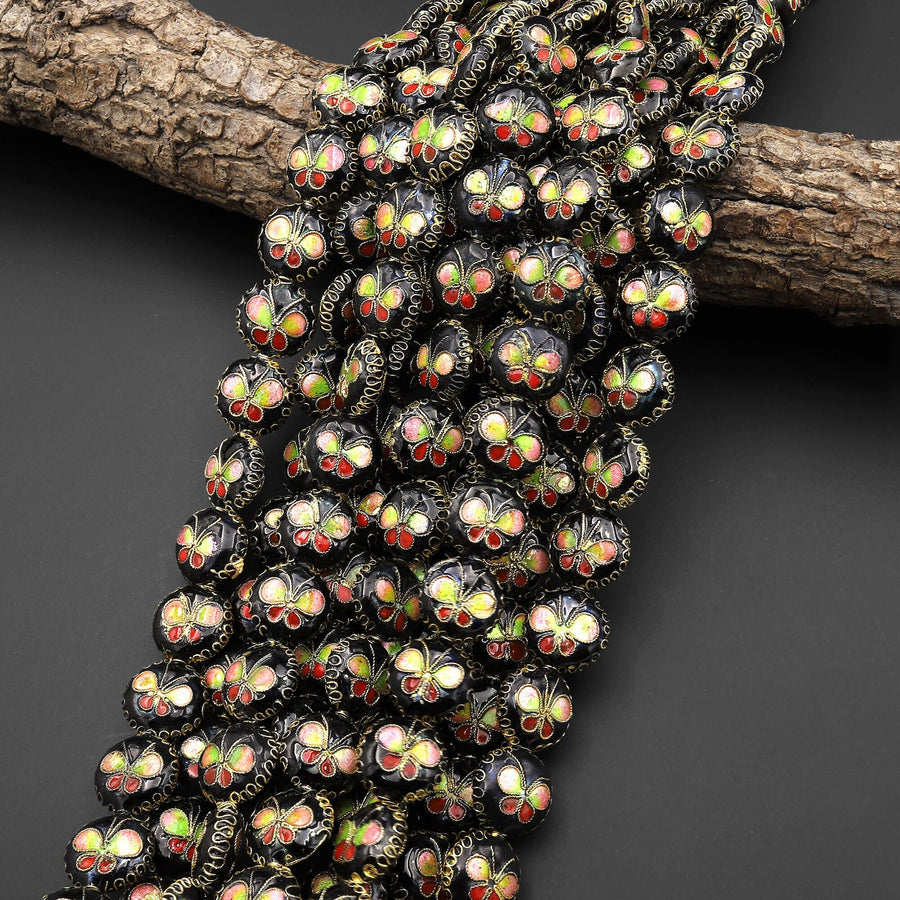 Black Cloisonné Butterfly Coin Beads 15mm Decorative Floral Enamel 15.5" Strand