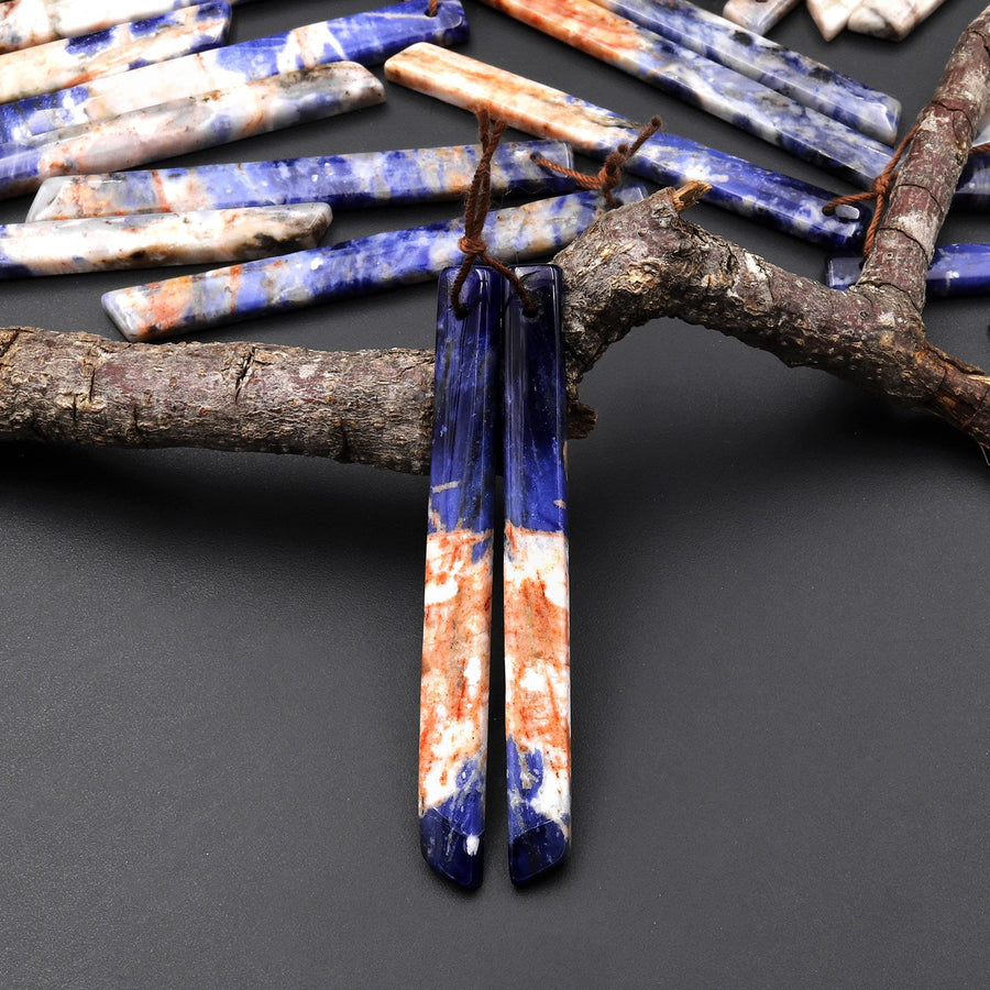 Natural Orange Sodalite Long Slender Beveled Rectangle Earring Pair Matched Gemstone Beads A2