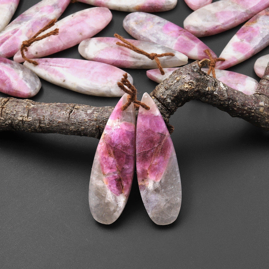 Natural Pink Tourmaline in Quartz Teardrop Drilled Matched Gemstone Earring Bead Pair A6