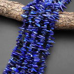 Natural Blue Lapis Long Freeform Chip Pebble Nugget Beads Top Side Drilled Gemstone 15.5" Strand