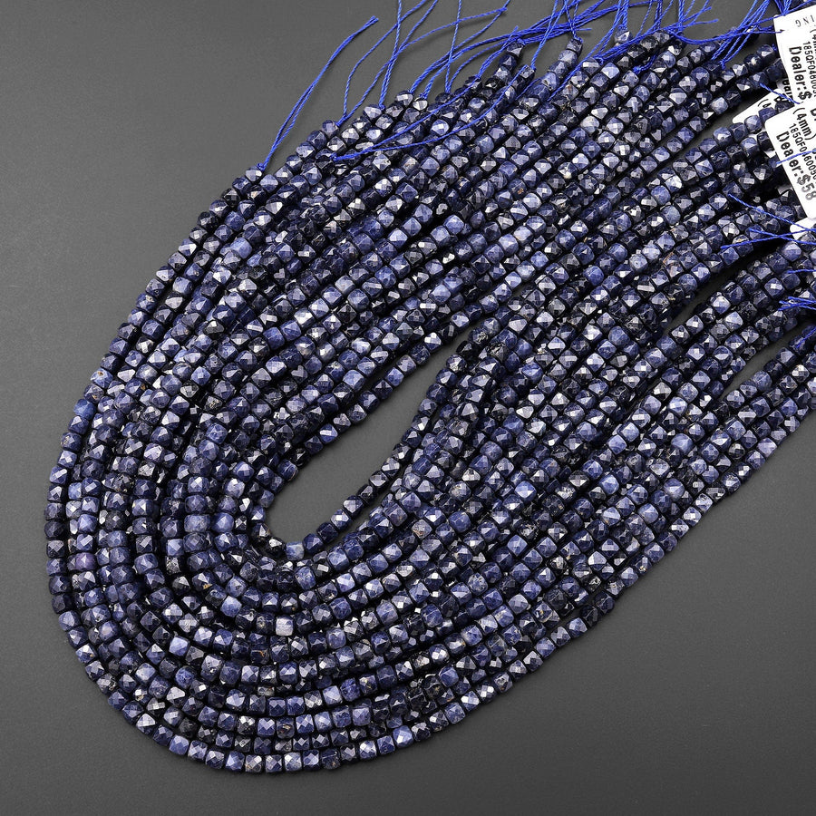 Genuine Natural Blue Sapphire Faceted Gemstone Cube Beads 4mm 15.5" Strand