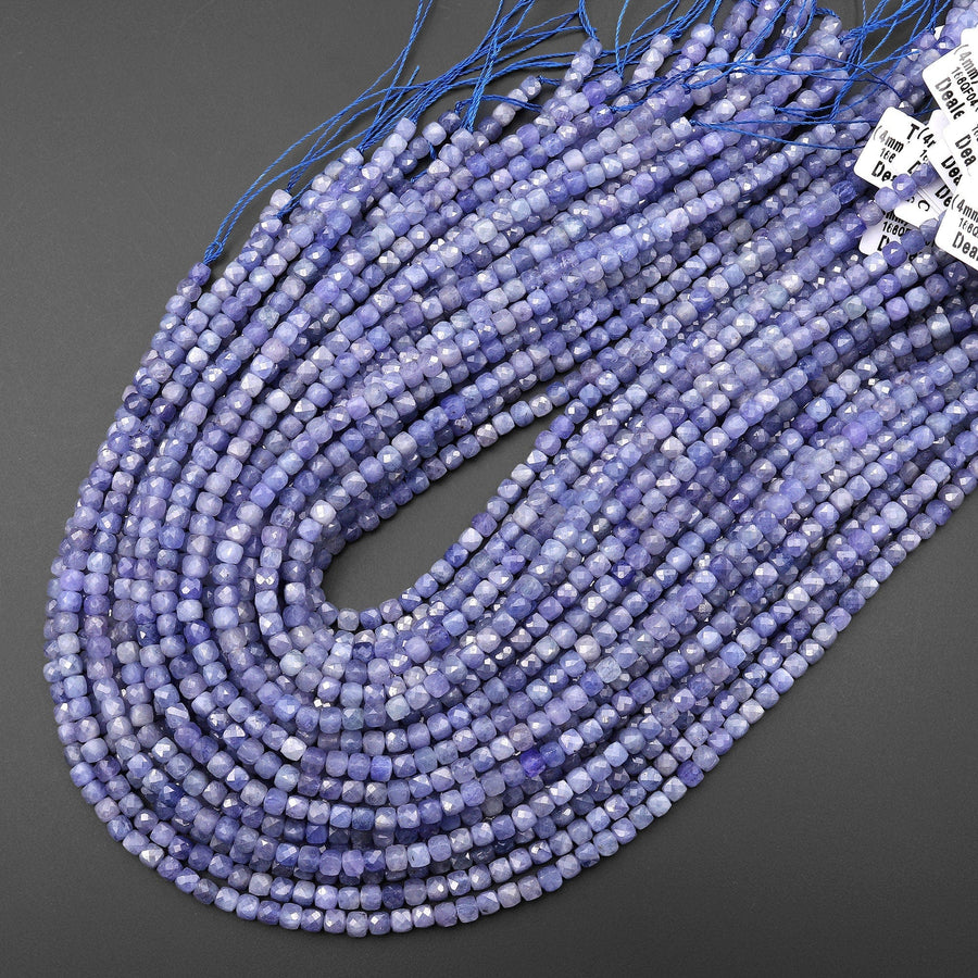 Faceted Genuine Natural Tanzanite 4mm Cube Beads Gemstone 15.5" Strand